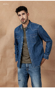 Denim Shirts Men Casual snap button 100% cotton