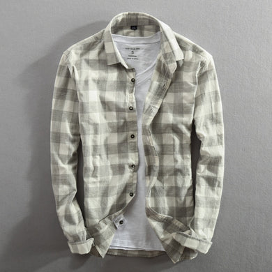 Vintage Classic Plaid Cotton Long Sleeve Casual Slim Fit Shirt