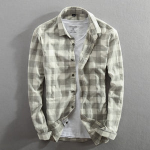 Vintage Classic Plaid Cotton Long Sleeve Casual Slim Fit Shirt