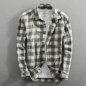 Vintage Classic Plaid Cotton Long Sleeve Casual Slim Fit Shirt