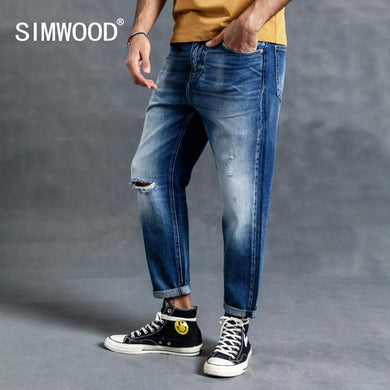 New Hole Ripped Jeans Men Straight Ankle-Length Denim Streetwear