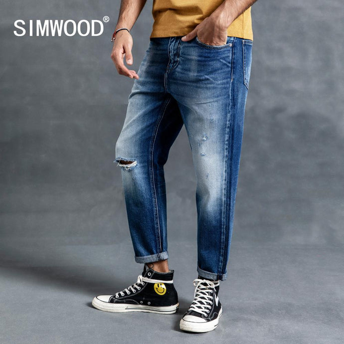 New Hole Ripped Jeans Men Straight Ankle-Length Denim Streetwear