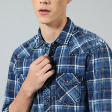 Load image into Gallery viewer, New Indigo Shirts Men Double check pockets Denim Plaid Shirts