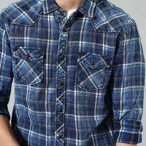 New Indigo Shirts Men Double check pockets Denim Plaid Shirts