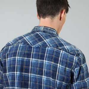 New Indigo Shirts Men Double check pockets Denim Plaid Shirts