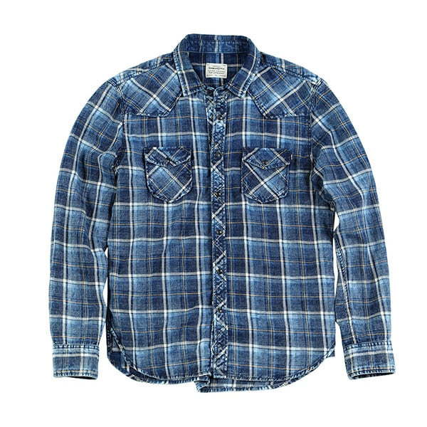 New Indigo Shirts Men Double check pockets Denim Plaid Shirts