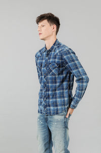 New Indigo Shirts Men Double check pockets Denim Plaid Shirts