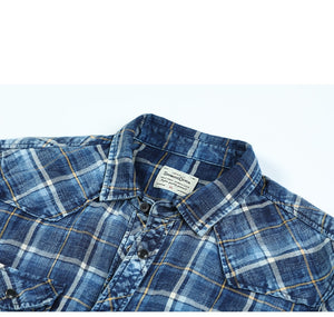 New Indigo Shirts Men Double check pockets Denim Plaid Shirts