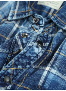 New Indigo Shirts Men Double check pockets Denim Plaid Shirts