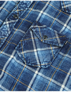 New Indigo Shirts Men Double check pockets Denim Plaid Shirts