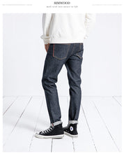 Load image into Gallery viewer, Raw Selvedge Jeans Men Casual Slim Fit Red Line Ruched Denim