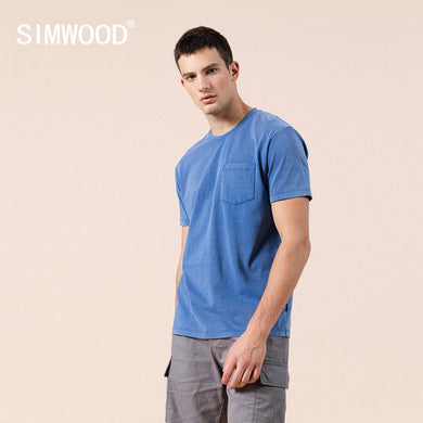 new blue t-shirt men 100% cotton snow wash casual